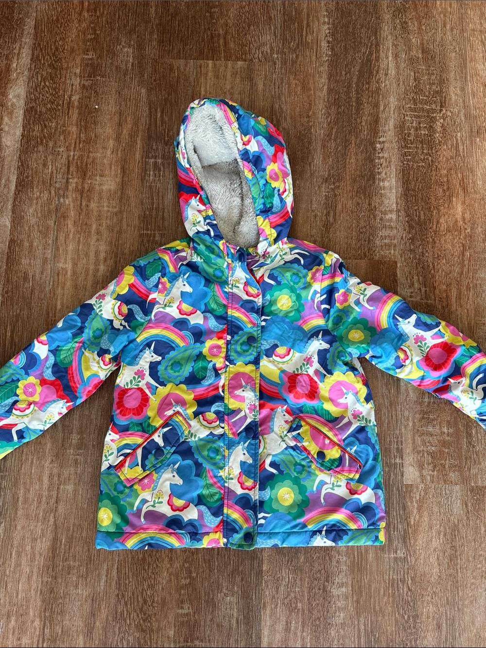 Mini Boden Multicolor Unicorn & Rainbow Hooded Puffer Jacket